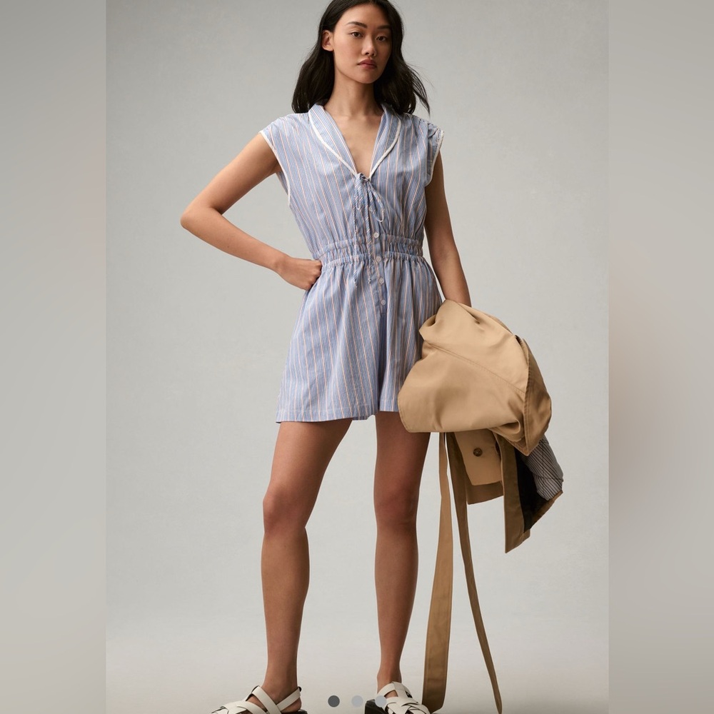 Anthropologie blue, white, cranberry striped romper SZ S NWT